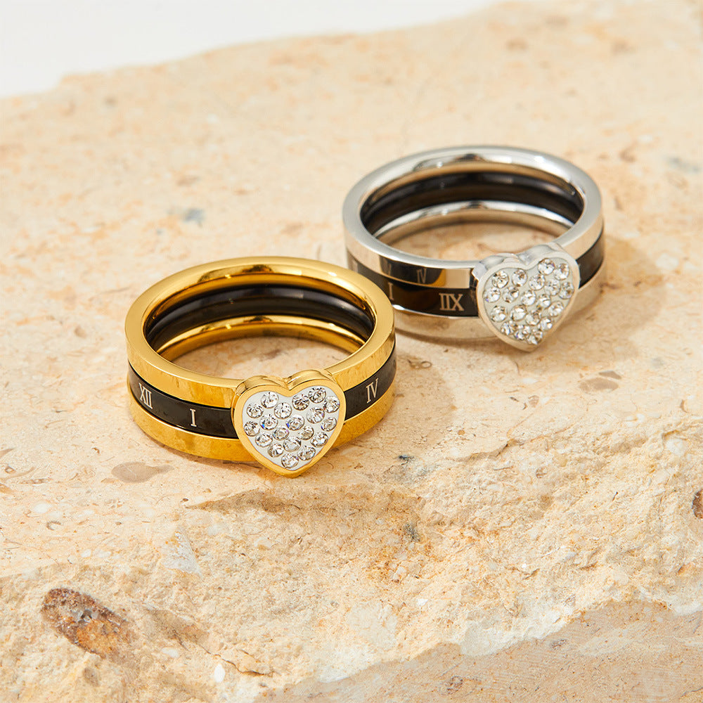 Ring aus 18-Karat vergoldetem Edelstahl mit neuartigen und trendigen römischen Ziffern und Love-Diamant-Design