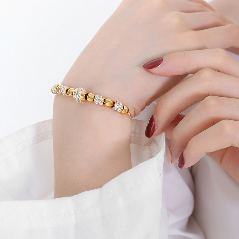 Luxuriöses Retro-Armband aus 18-Karat vergoldetem Edelstahl mit runden und eingelegten Diamantperlen
