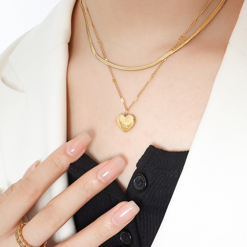 Modische Retro-Liebesherz-Halskette „LOVE YOU“ aus 18 Karat vergoldetem Edelstahl mit Klingenketten-Design