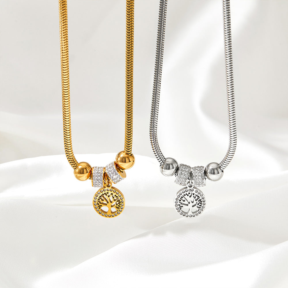 Vielseitige Halskette aus 18-Karat vergoldetem Edelstahl mit Vintage-Motiv „Baum des Lebens“ und Diamantring-Design