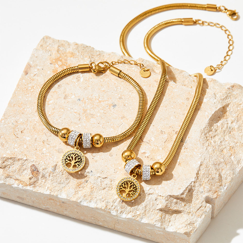 Vielseitige Halskette aus 18-Karat vergoldetem Edelstahl mit Vintage-Motiv „Baum des Lebens“ und Diamantring-Design