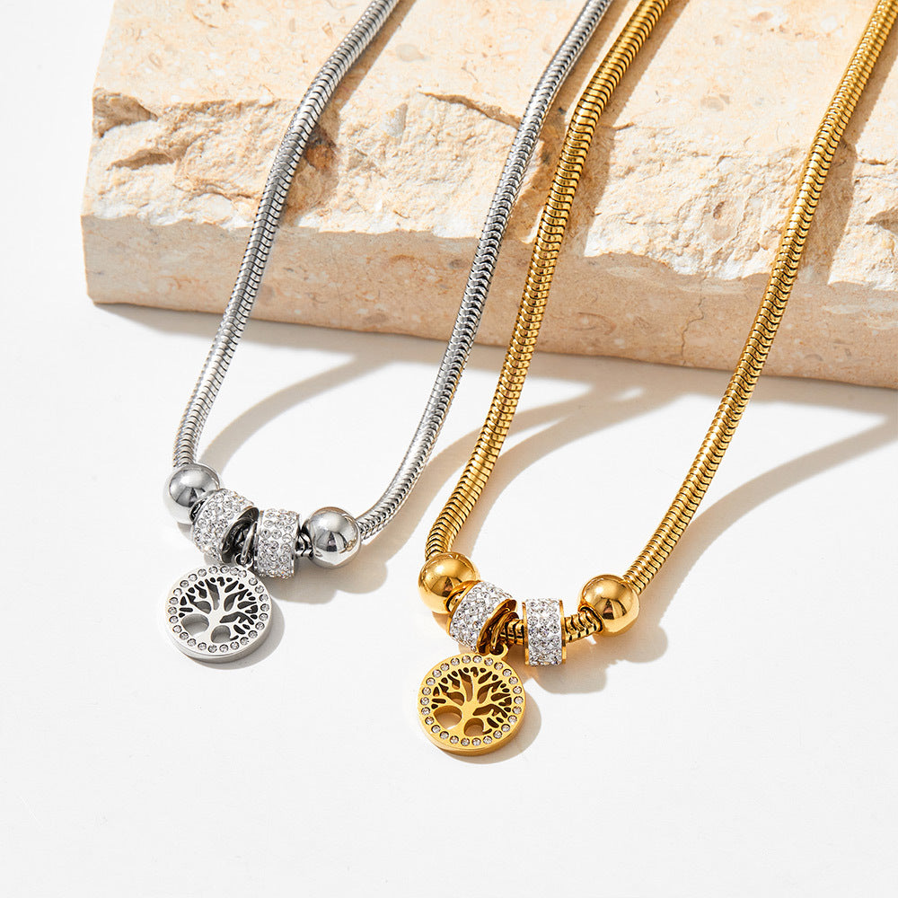 Vielseitige Halskette aus 18-Karat vergoldetem Edelstahl mit Vintage-Motiv „Baum des Lebens“ und Diamantring-Design
