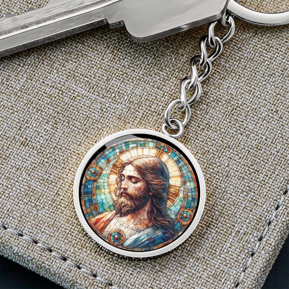 Handgefertigter Medaillon-Schlüsselanhänger mit Jesus Christus – Mosaik-Stil, Geschenk für ihn, Geburtstagsgeschenk, Glücksbringer, kostenlose Gravur