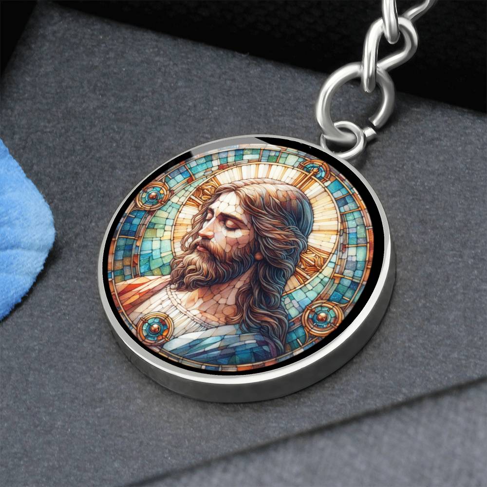 Handgefertigter Medaillon-Schlüsselanhänger mit Jesus Christus – Mosaik-Stil, Geschenk für ihn, Geburtstagsgeschenk, Glücksbringer, kostenlose Gravur