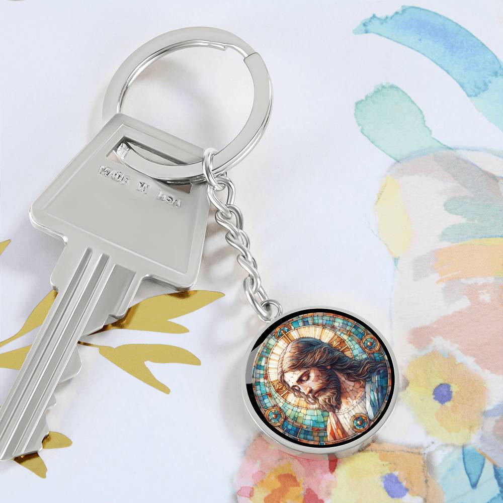 Handgefertigter Medaillon-Schlüsselanhänger mit Jesus Christus – Mosaik-Stil, Geschenk für ihn, Geburtstagsgeschenk, Glücksbringer, kostenlose Gravur