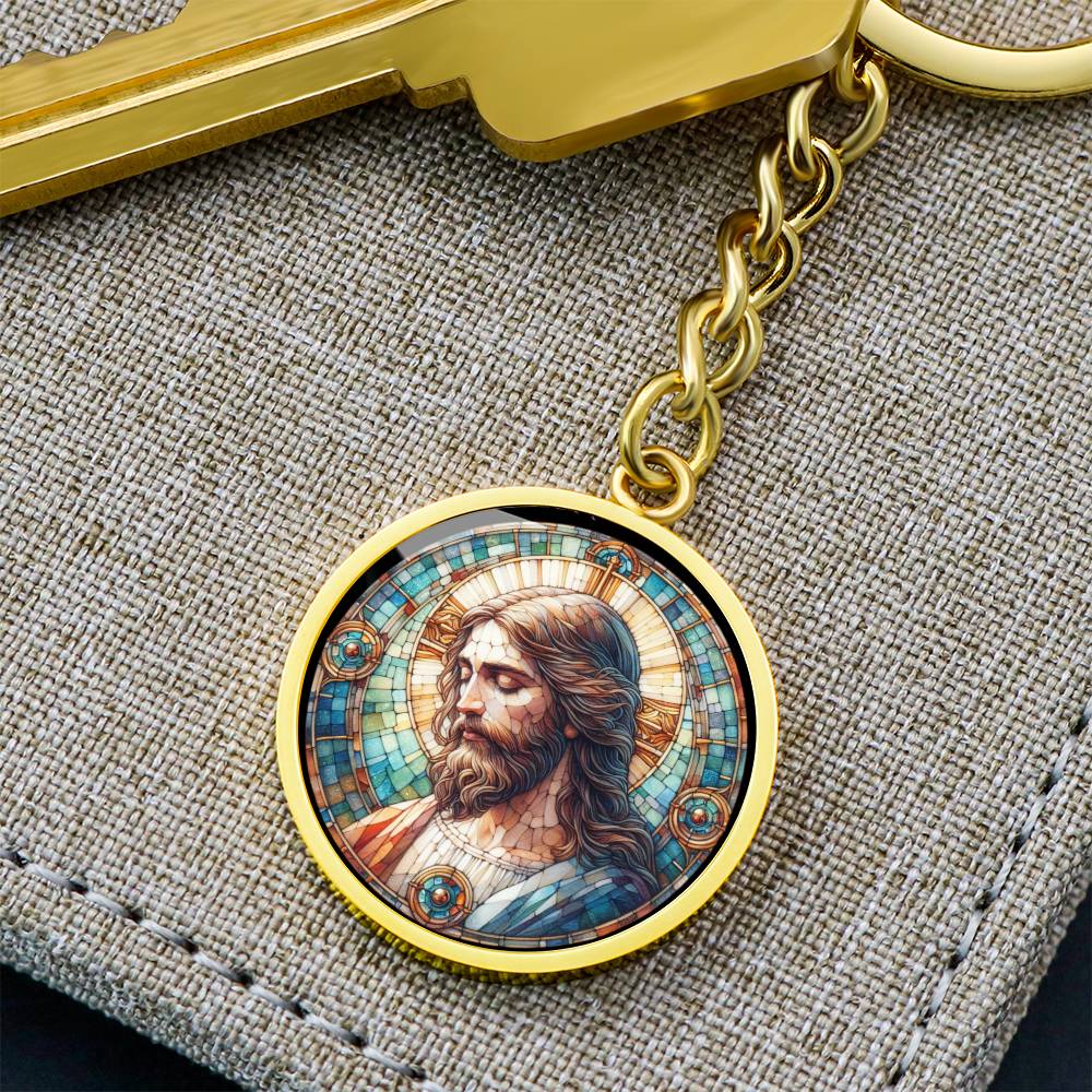Handgefertigter Medaillon-Schlüsselanhänger mit Jesus Christus – Mosaik-Stil, Geschenk für ihn, Geburtstagsgeschenk, Glücksbringer, kostenlose Gravur