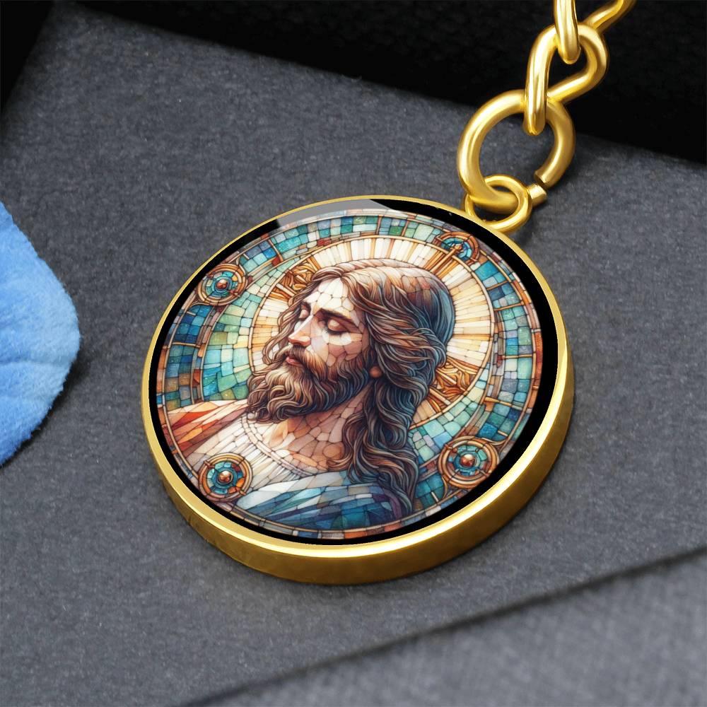 Handgefertigter Medaillon-Schlüsselanhänger mit Jesus Christus – Mosaik-Stil, Geschenk für ihn, Geburtstagsgeschenk, Glücksbringer, kostenlose Gravur