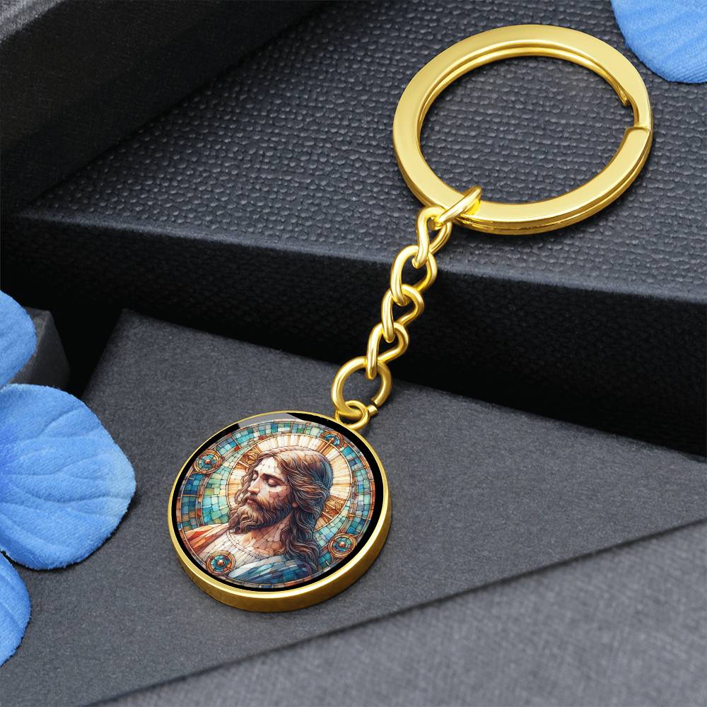 Handgefertigter Medaillon-Schlüsselanhänger mit Jesus Christus – Mosaik-Stil, Geschenk für ihn, Geburtstagsgeschenk, Glücksbringer, kostenlose Gravur