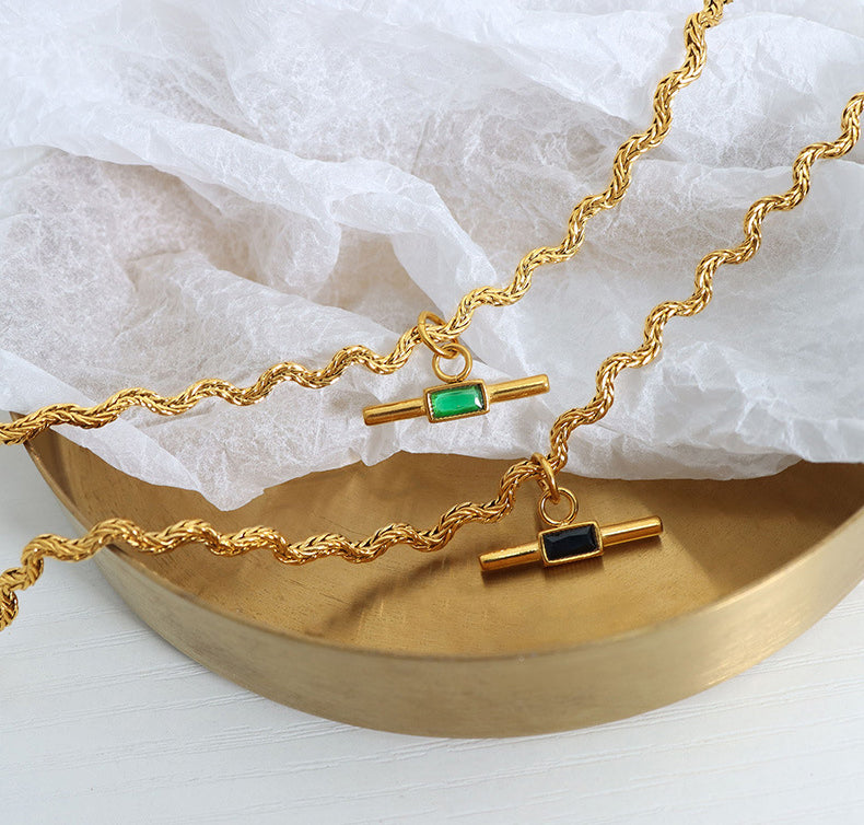 Neuartige und trendige wellenförmige Kette aus 18 Karat vergoldetem Edelstahl mit quadratischem Steindesign