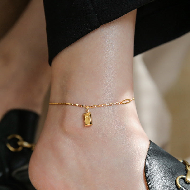 Vielseitiges Fußkettchen aus 18-Karat vergoldetem Edelstahl, Mode Persönlichkeit BRIC Goldbarren Design