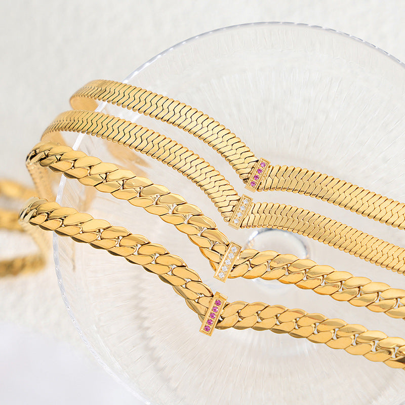 Modische, einfache, dicke Kette aus 18-Karat vergoldetem Edelstahl mit Zirkon-Design, Halskette im Hip-Hop-Stil
