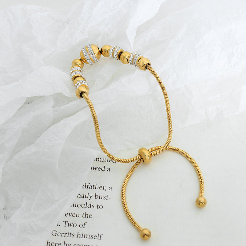Luxuriöses Retro-Armband aus 18-Karat vergoldetem Edelstahl mit runden und eingelegten Diamantperlen