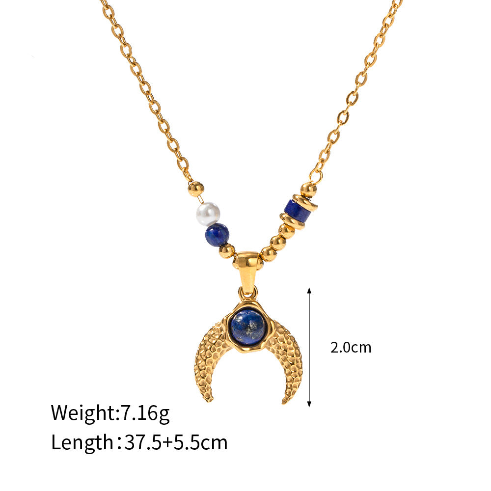 Exquisite, einfache Anhängerkette. Lapislazuli Horn Design mit Perleneinlage. Edelstahl vergoldet